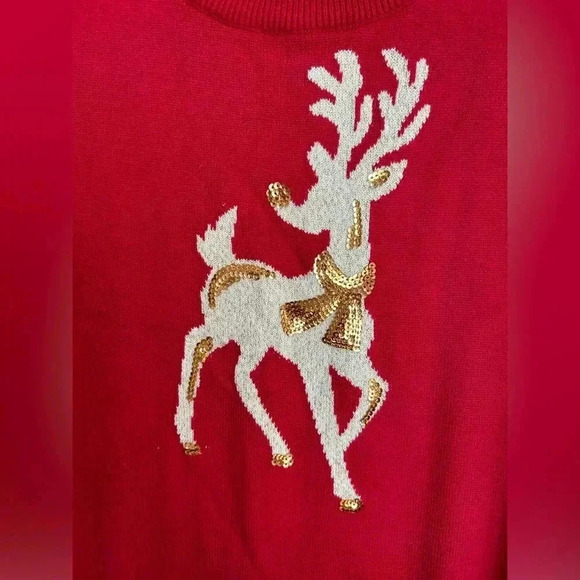 Quacker Factory Red Holiday Sweater Gold Sequin Rudolph Reindeer oversize Small - Picture 6 of 6